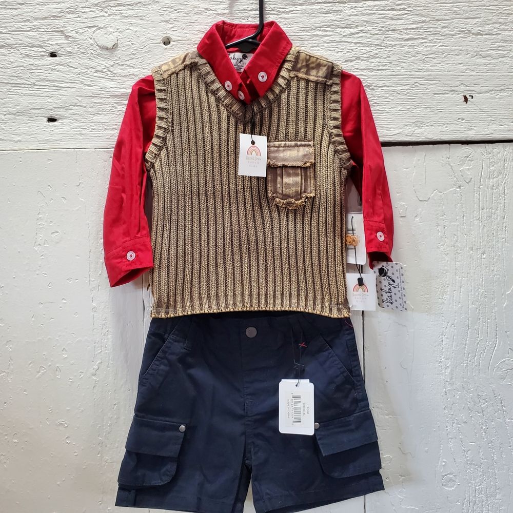 Charming Kids Red Shirt and Brown Vest Blue Shorts 12-18 Button Up Onsie & Shirt